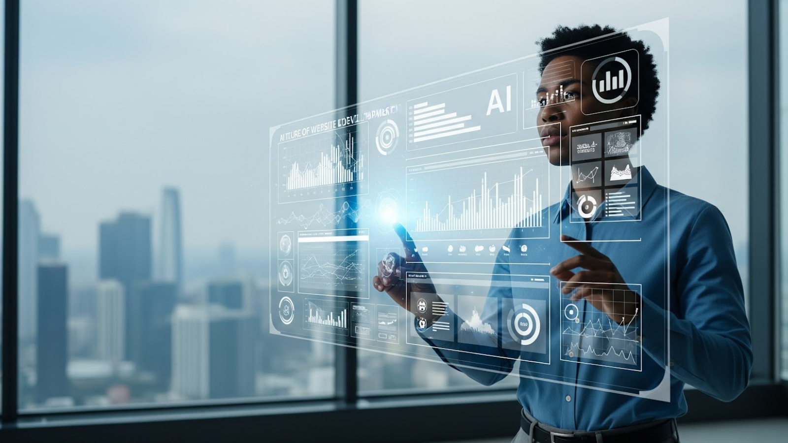 A developer interacting with a holographic AI-powered data dashboard, highlighting advanced technology trends in modern website development.