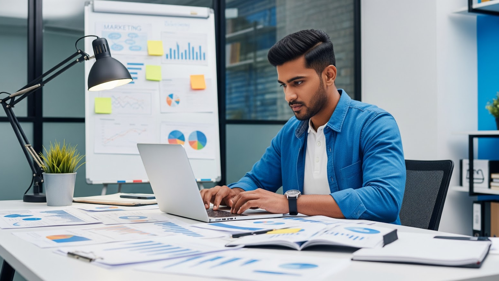 Digital marketing expert reviewing analytics reports and SEO strategies at a desk, showcasing the work of leading SEO companies in 2025.
