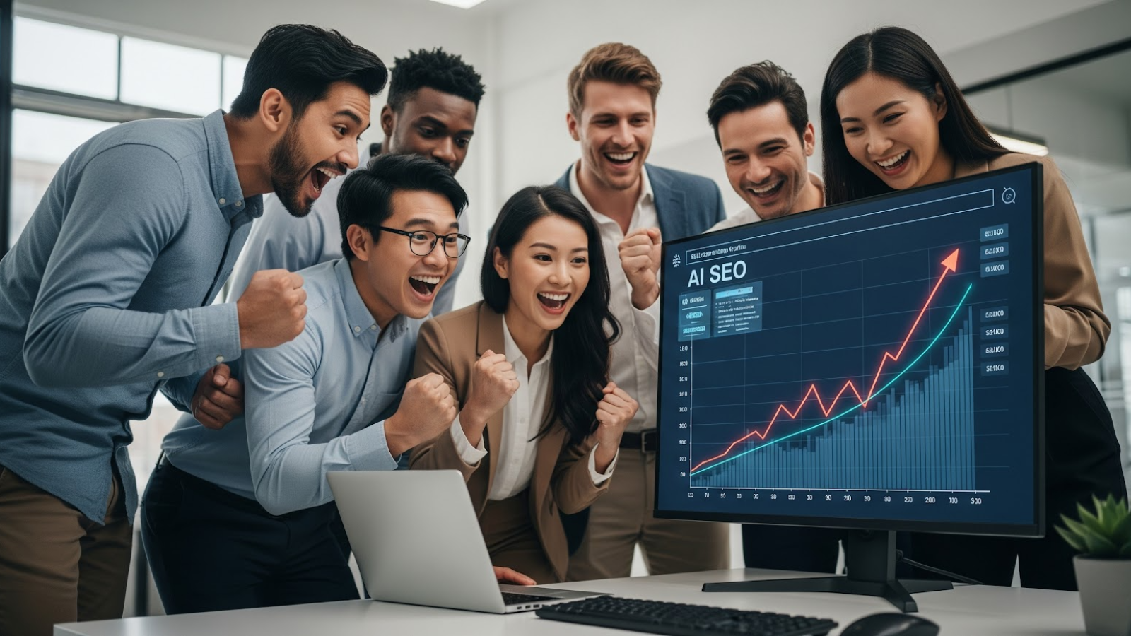 Excited SEO specialists celebrating after AI-driven SEO strategies deliver strong growth results on a performance chart.