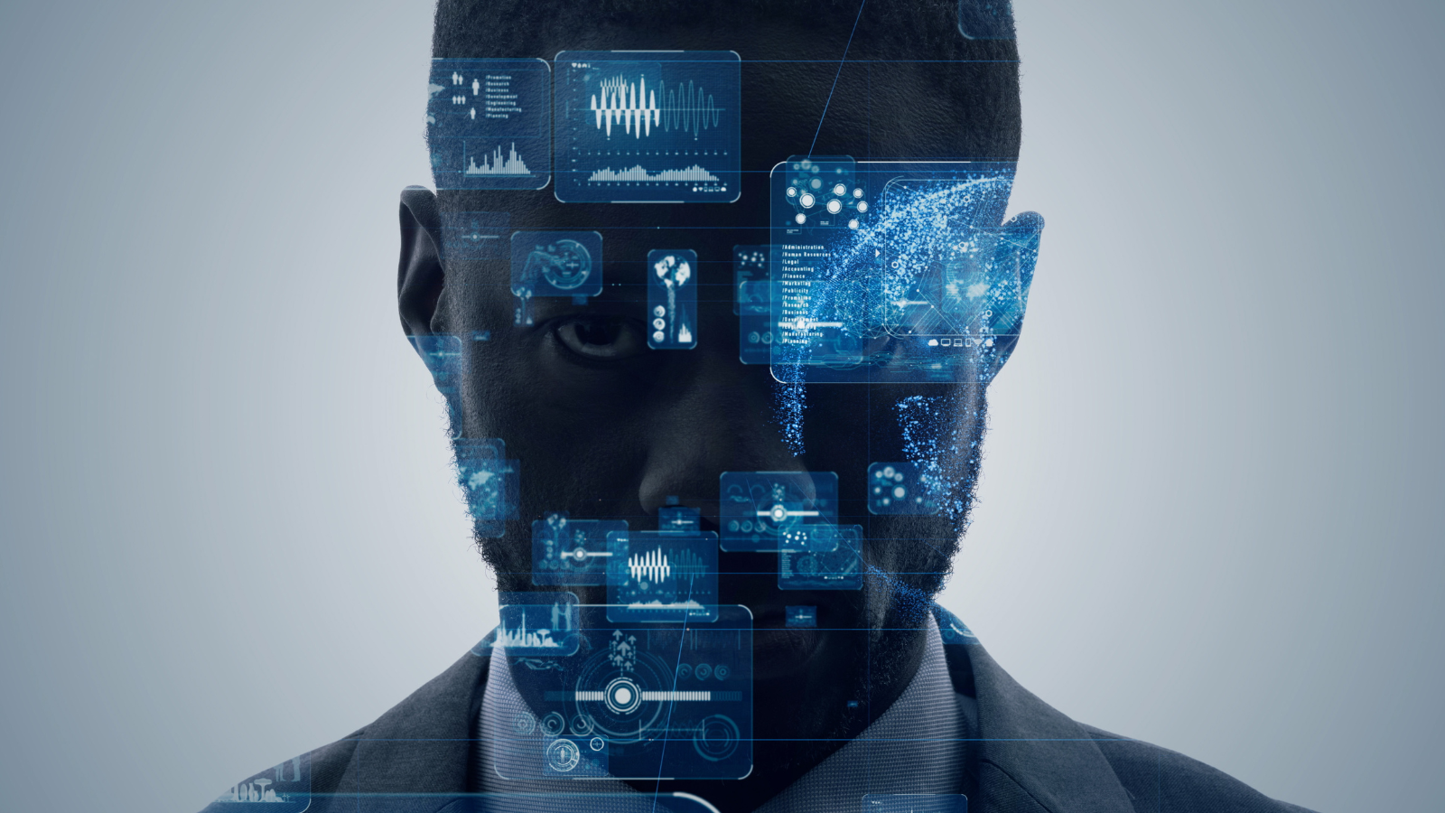 Person with digital data and AI visuals overlaid on their face
