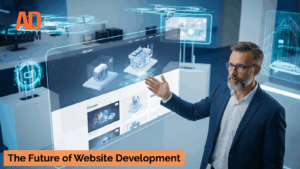 A professional presenting a futuristic website interface with AI-powered features and digital models, symbolizing the future of website development.