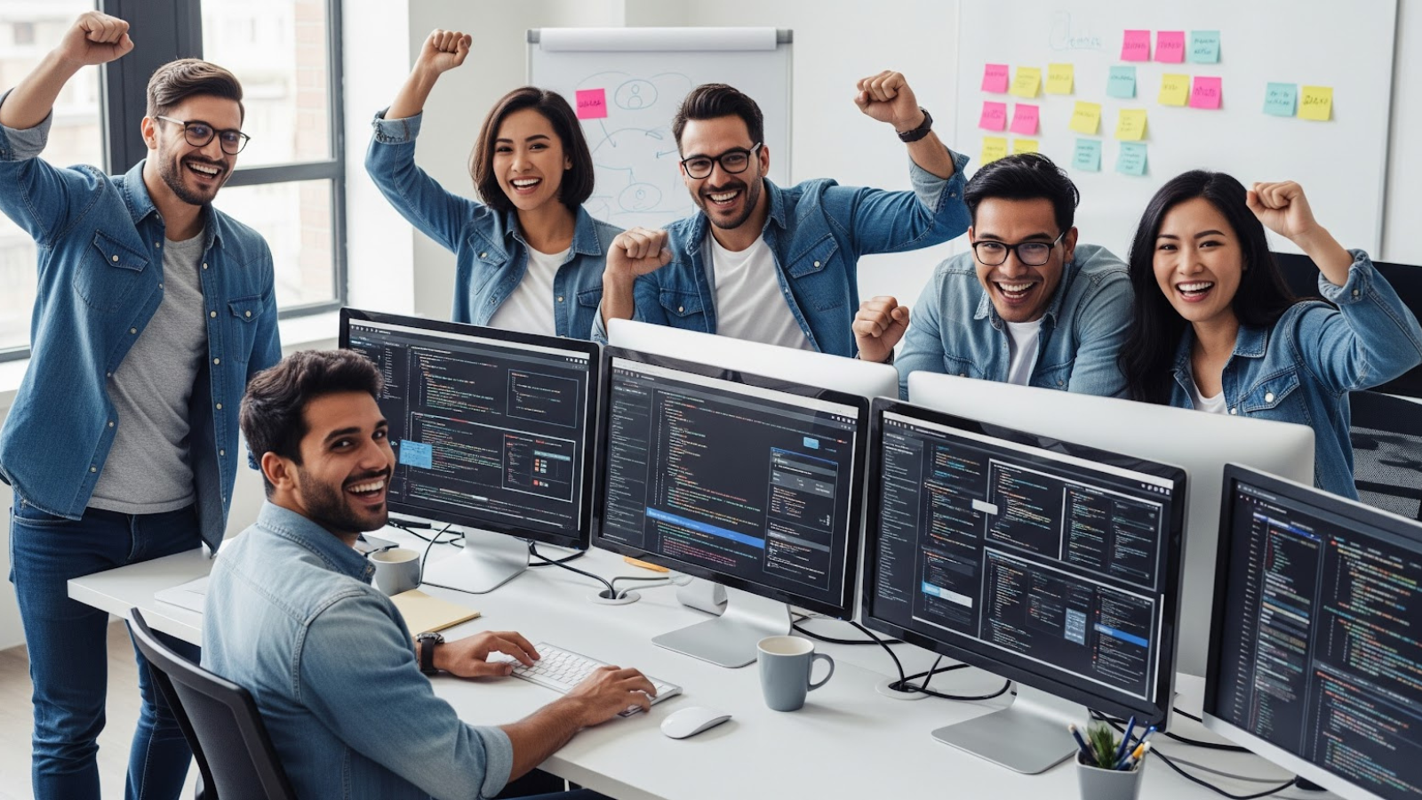 A team of developers celebrating success in front of multiple coding screens, representing collaboration and innovation in website development.