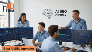 A diverse team of digital marketing professionals analyzing AI-powered SEO data on multiple monitors at a leading SEO agency.