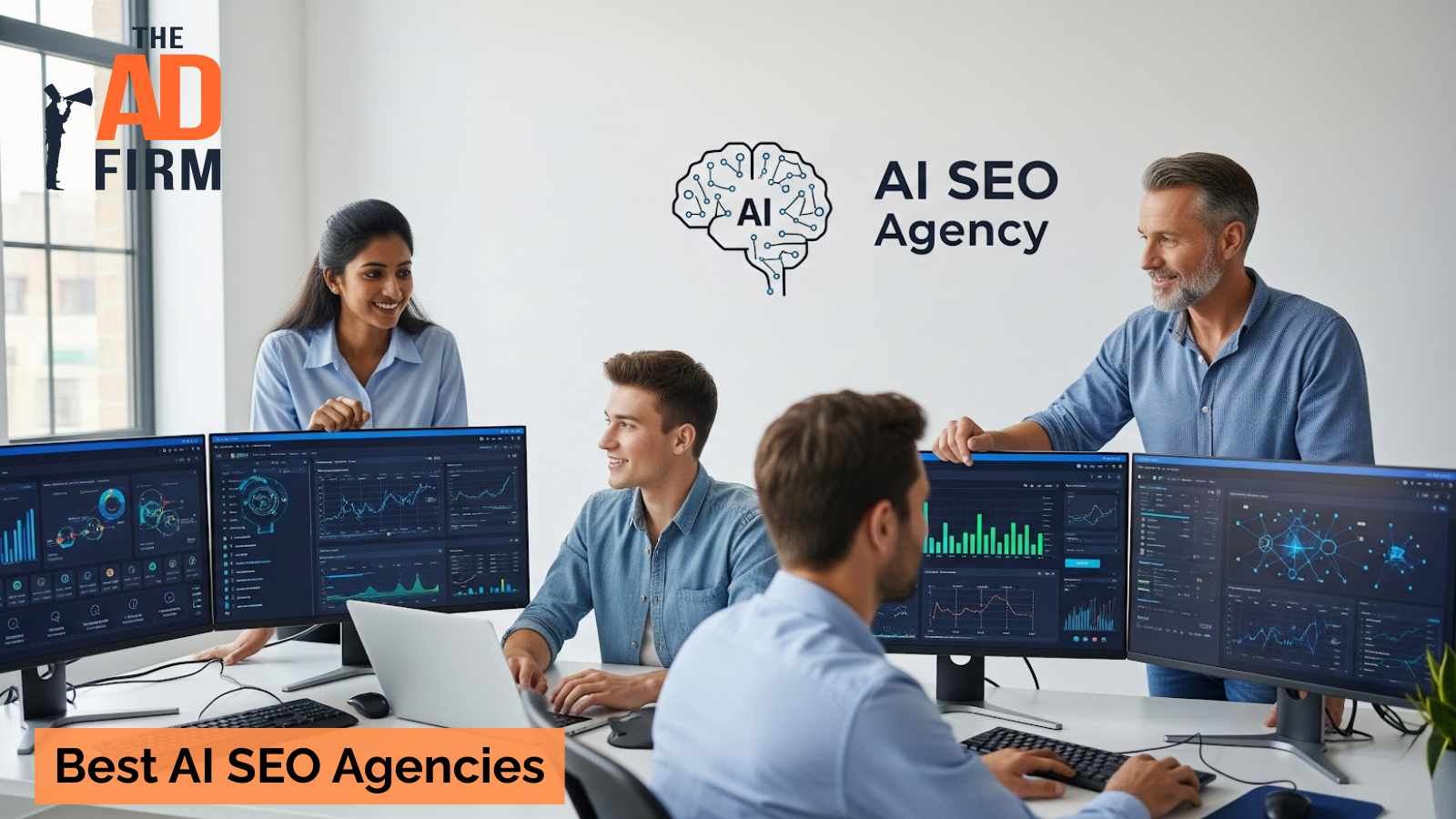 A diverse team of digital marketing professionals analyzing AI-powered SEO data on multiple monitors at a leading SEO agency.