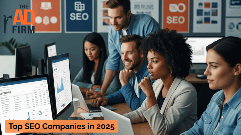SEO professionals analyzing keyword data and performance metrics on computer screens in a modern office.