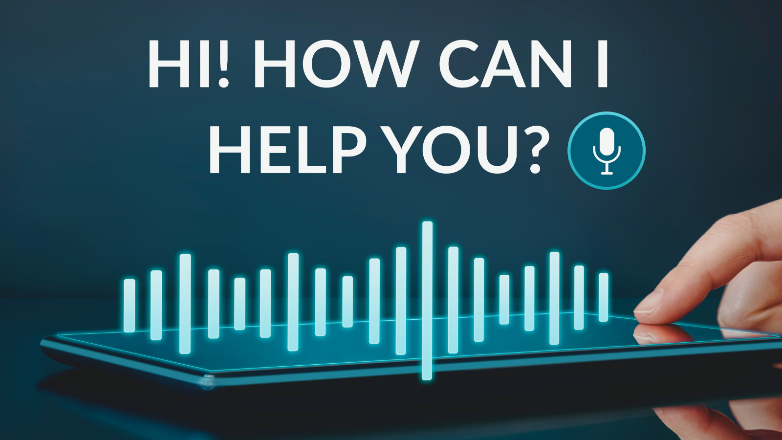 Modern voice search optimization graphic featuring a user tapping a tablet with glowing sound waves and help prompt