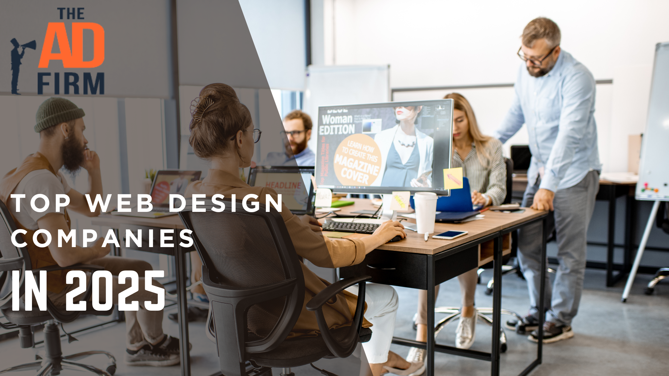 A group of staff collaborating on web design projects in an office 