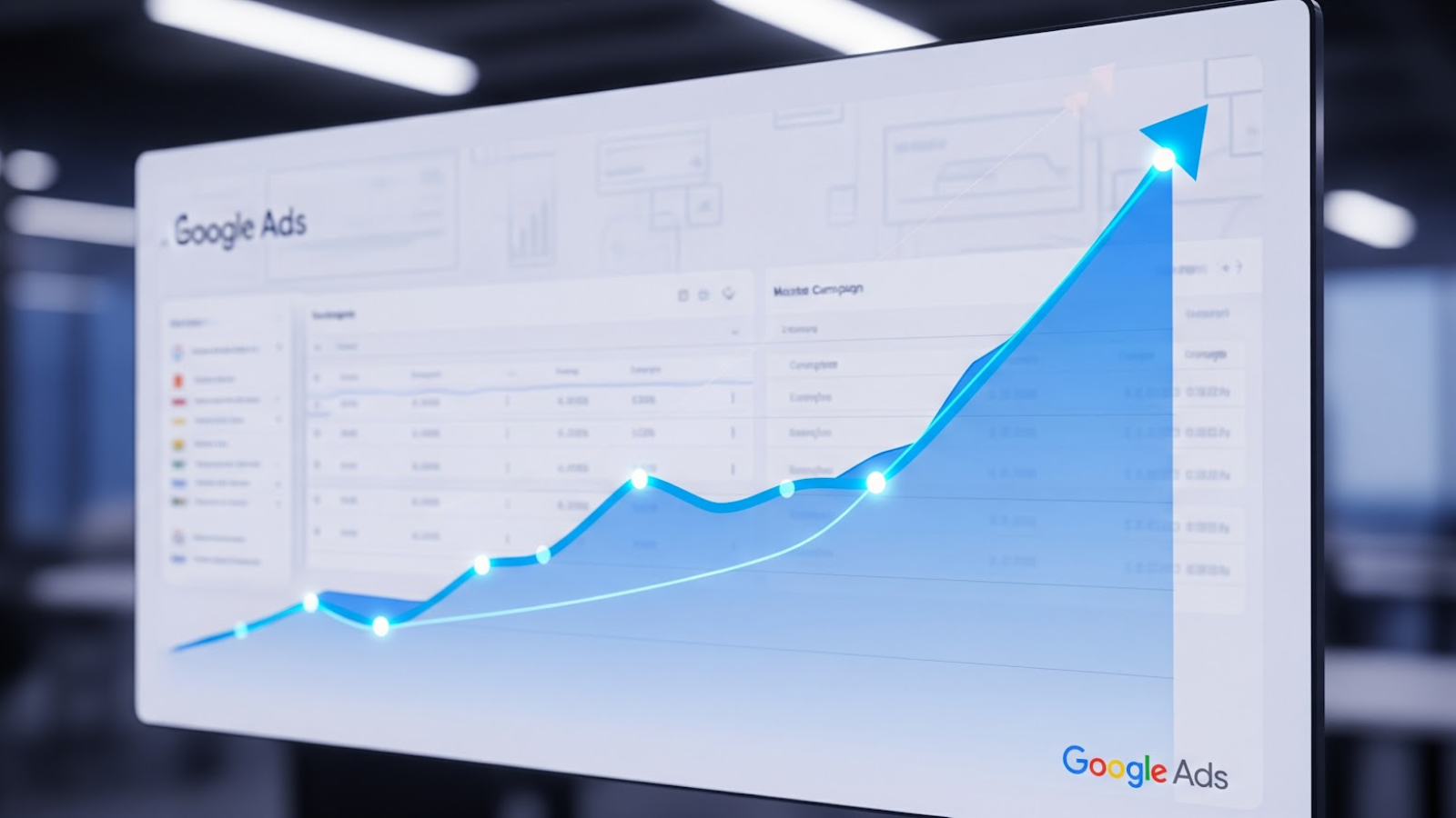 A Google Ads interface on a digital screen showing a rising performance graph, symbolizing improved audience targeting results in 2025. 