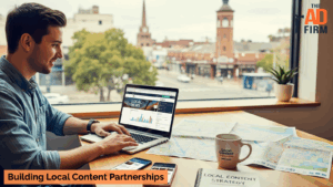 A professional sits at a desk by a window, viewing local news analytics on a laptop with a map, smartphone, and coffee mug labeled “Local Content” beside him, symbolizing building local content partnerships.