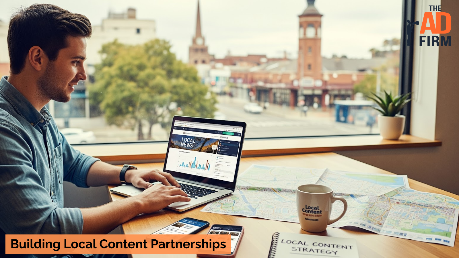 A professional sits at a desk by a window, viewing local news analytics on a laptop with a map, smartphone, and coffee mug labeled “Local Content” beside him, symbolizing building local content partnerships.