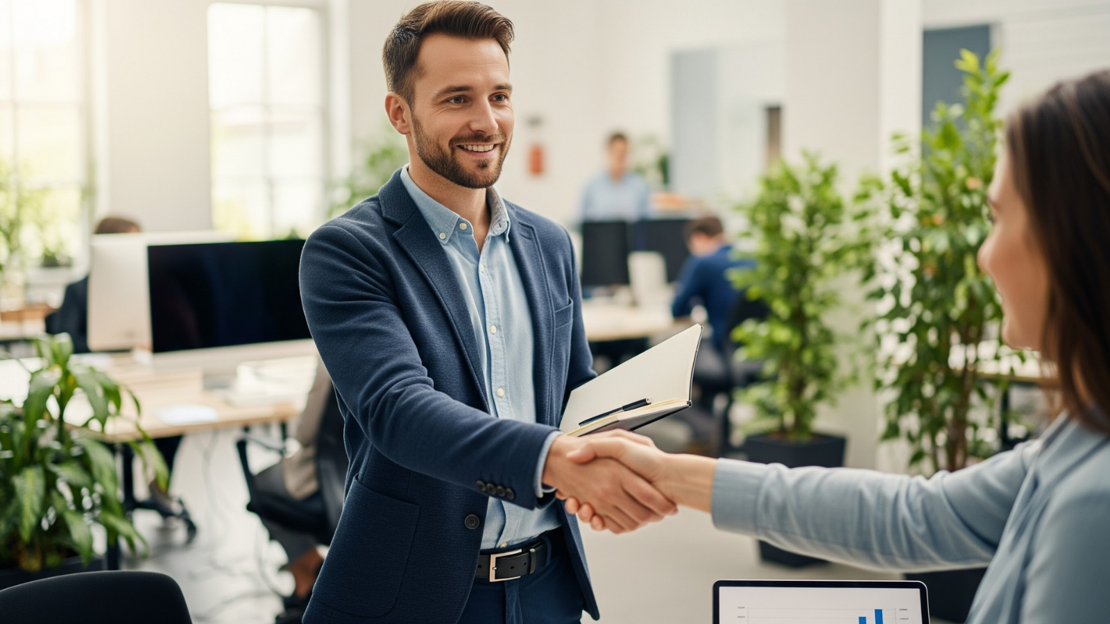Two professionals shake hands in an office environment, representing successful collaboration and partnership strategies that support local SEO growth.