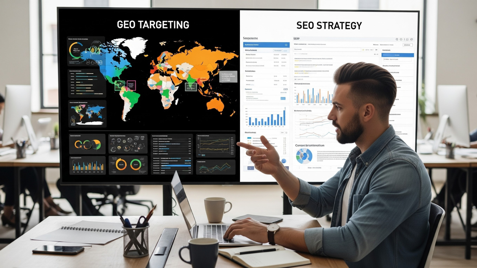 Marketing professional analyzing data on dual monitors comparing GEO targeting maps and SEO strategy dashboards to align digital marketing efforts.
