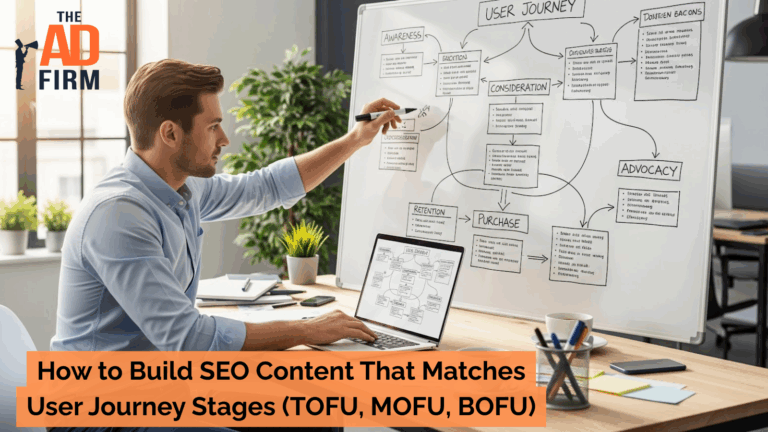 Business professional presenting a visual diagram of user journey stages on a large screen, explaining awareness, consideration, decision, retention, and advocacy in an office setting.
