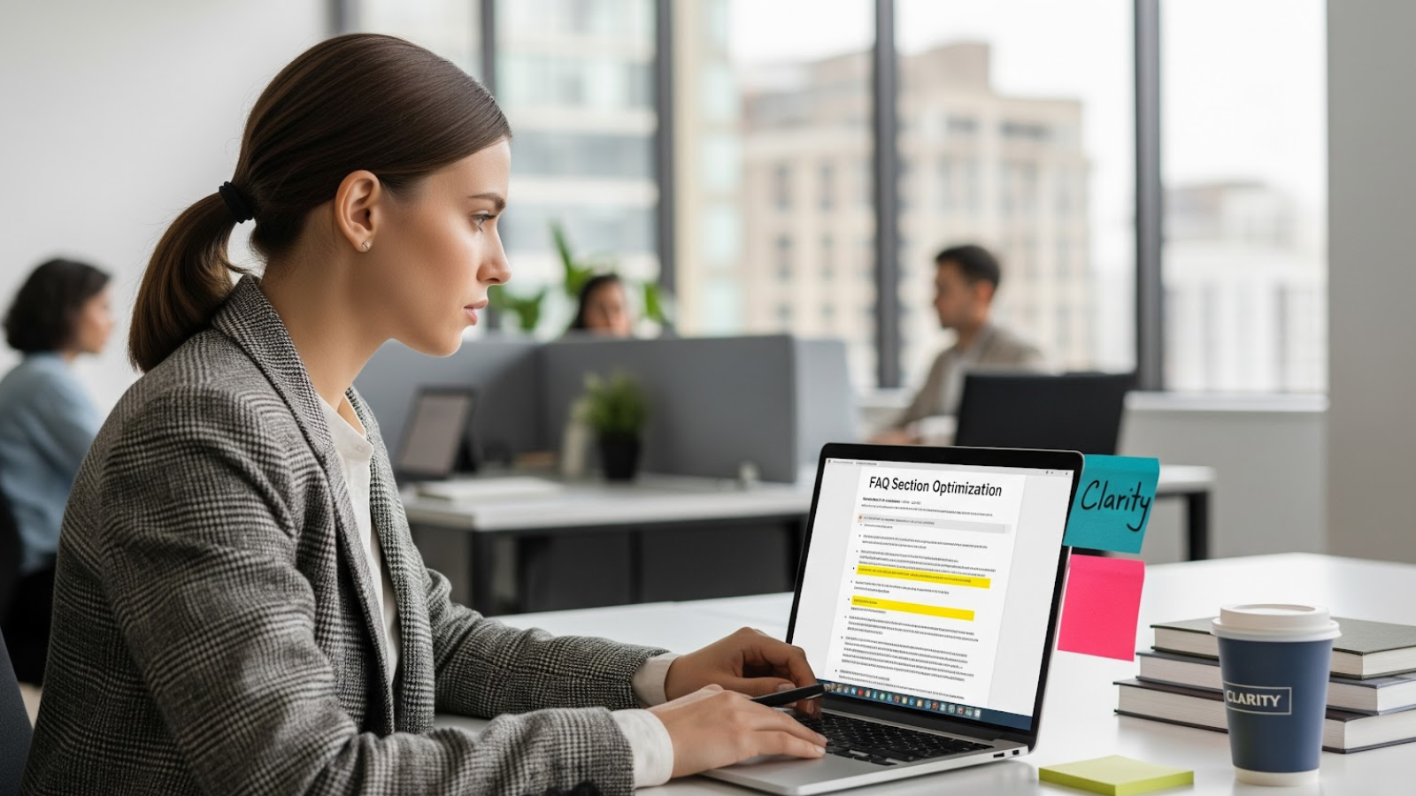 A woman pointing at a desktop monitor displaying voice SEO analytics and ranking factors, with a notepad labeled “Voice SEO Strategy” and a microphone on her desk.