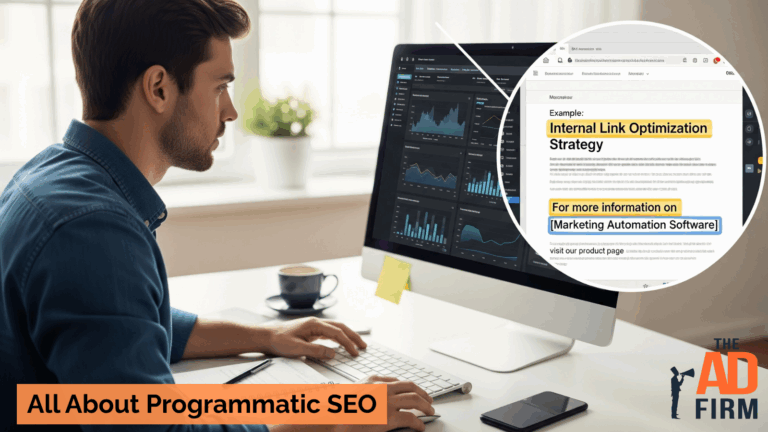 Digital marketer analyzing programmatic SEO strategy with charts and website performance metrics on a laptop.