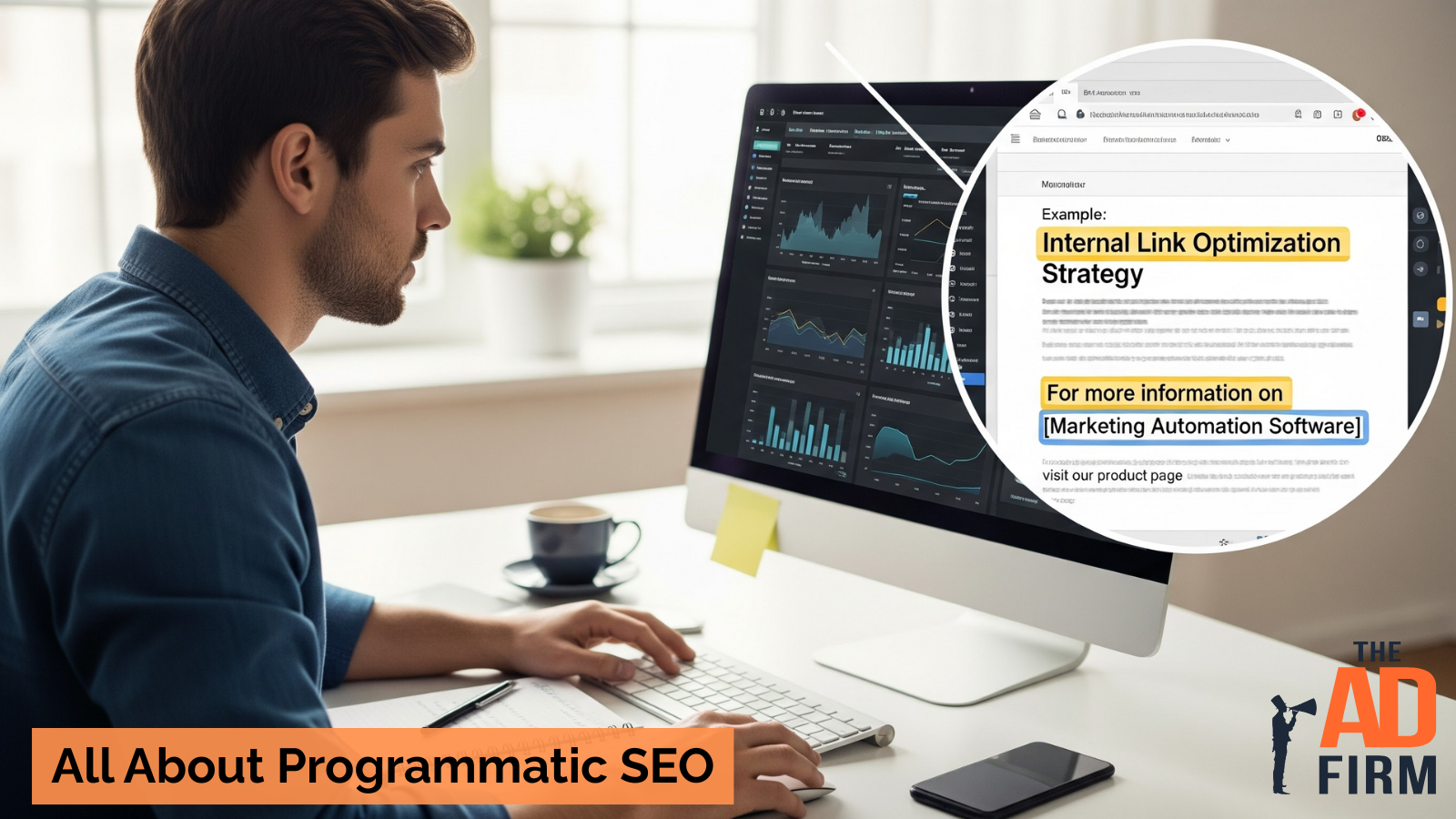 Digital marketer analyzing programmatic SEO strategy with charts and website performance metrics on a laptop.