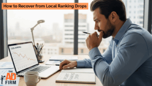 A business professional analyzing a laptop screen showing a downward trend in local search rankings, representing a drop in SEO performance.