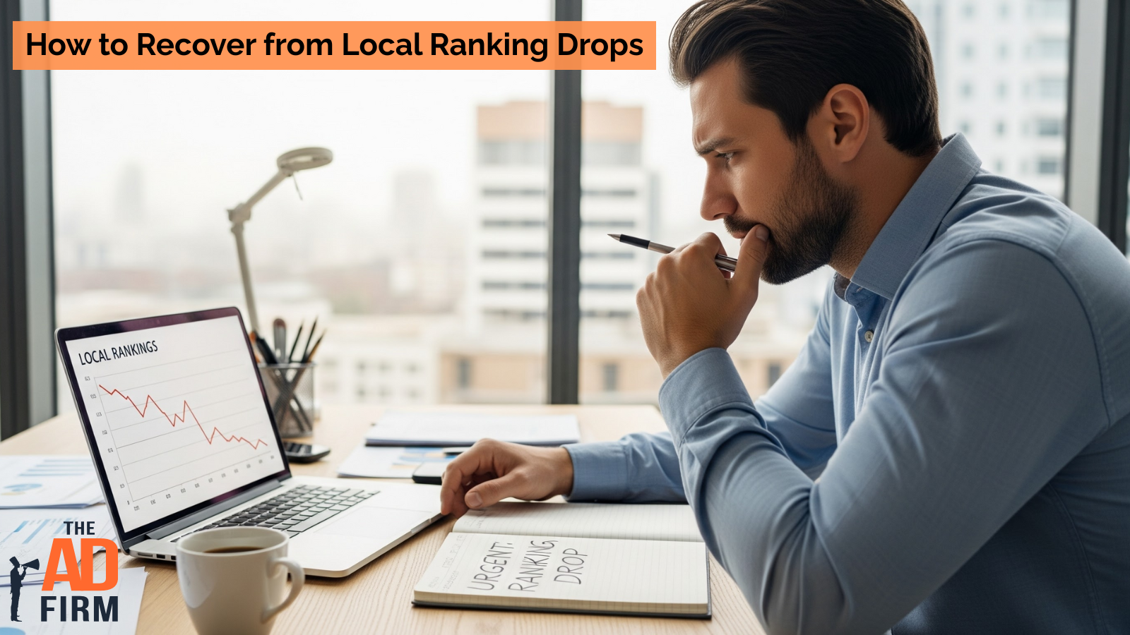A business professional analyzing a laptop screen showing a downward trend in local search rankings, representing a drop in SEO performance.