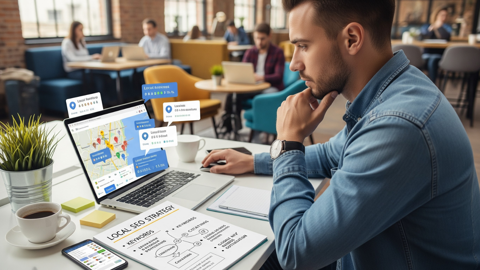SEO specialist analyzing multi-location business data on dual monitors showing maps and spreadsheets with performance metrics. 