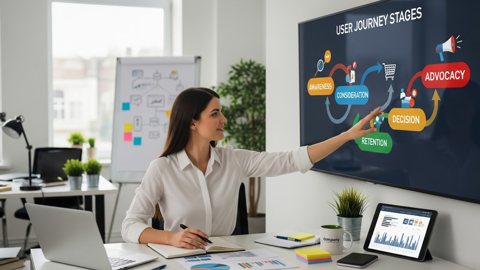 Marketing strategist pointing at a whiteboard with a detailed user journey funnel diagram, planning SEO content strategies for TOFU, MOFU, and BOFU stages.