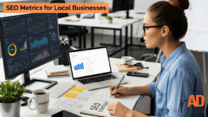 Digital marketer reviewing AI-powered SEO audit dashboard with technical issue reports and content gap analysis on multiple screens.