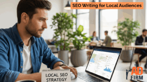 A man working on a laptop in a café, reviewing a local SEO strategy dashboard on his screen, with a notepad labeled “Local SEO Strategy” beside him