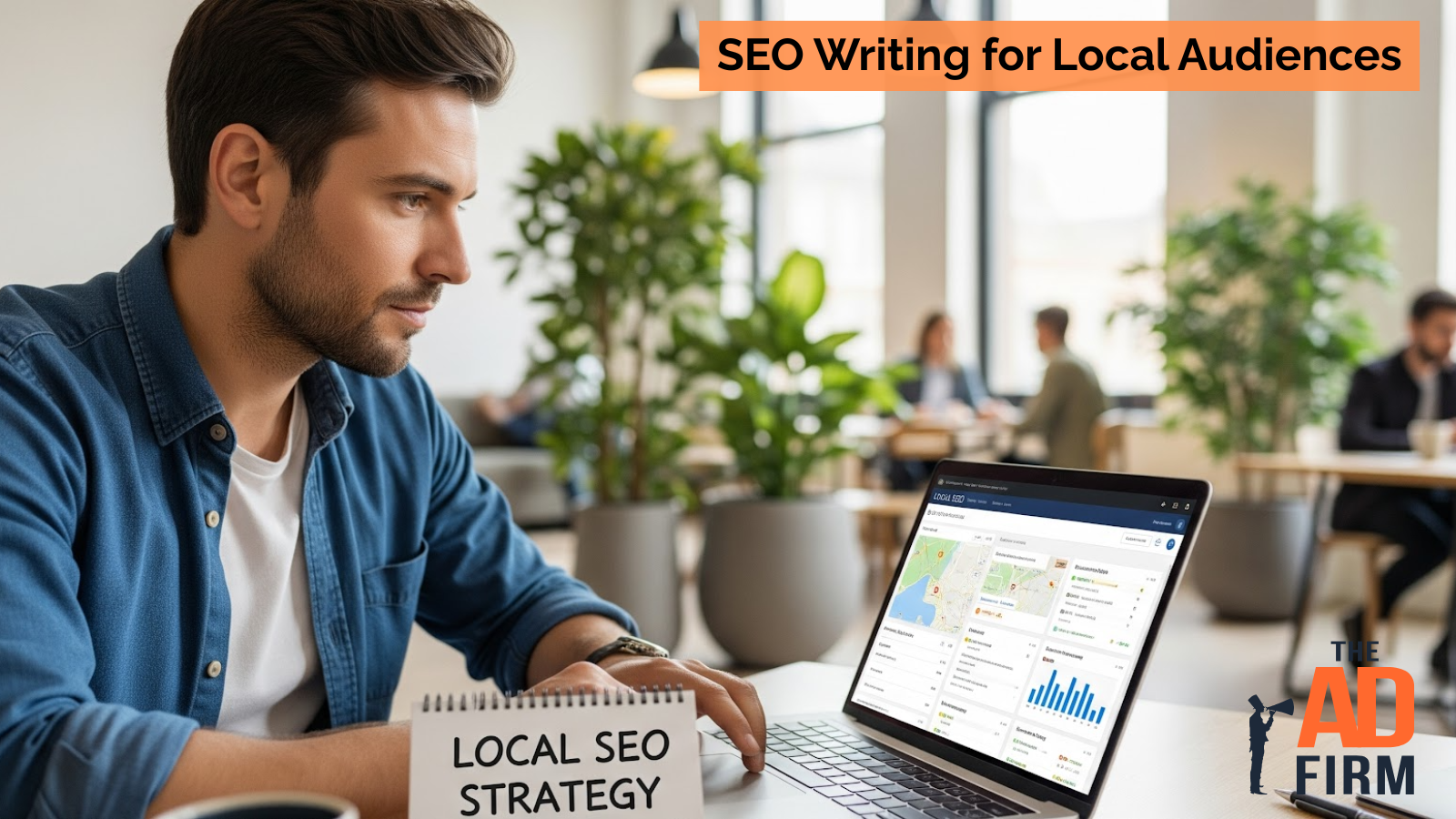 A man working on a laptop in a café, reviewing a local SEO strategy dashboard on his screen, with a notepad labeled “Local SEO Strategy” beside him
