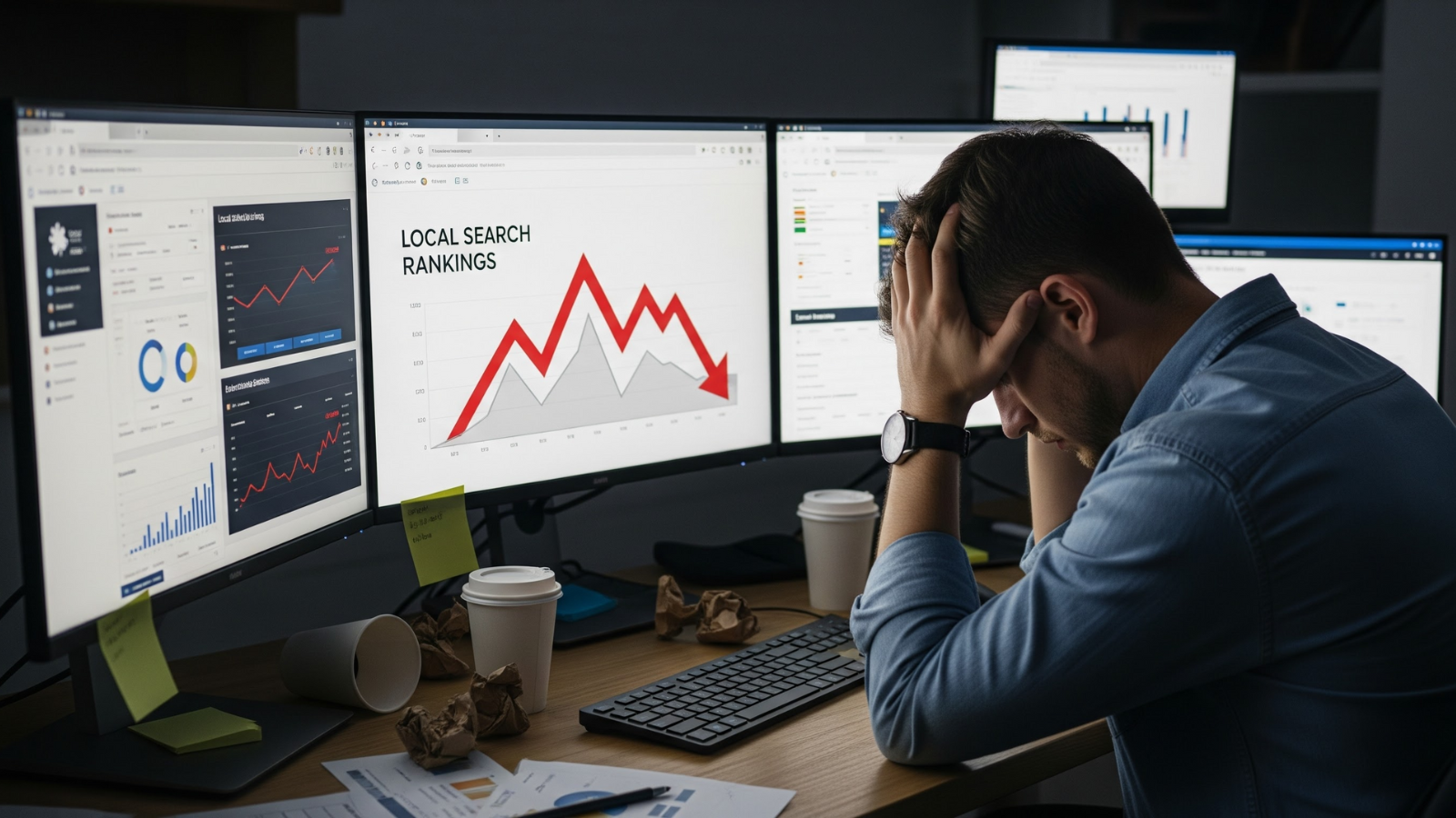 A frustrated man sitting at a desk with multiple monitors displaying declining local search ranking graphs, symbolizing the challenges of ranking drops in local SEO.