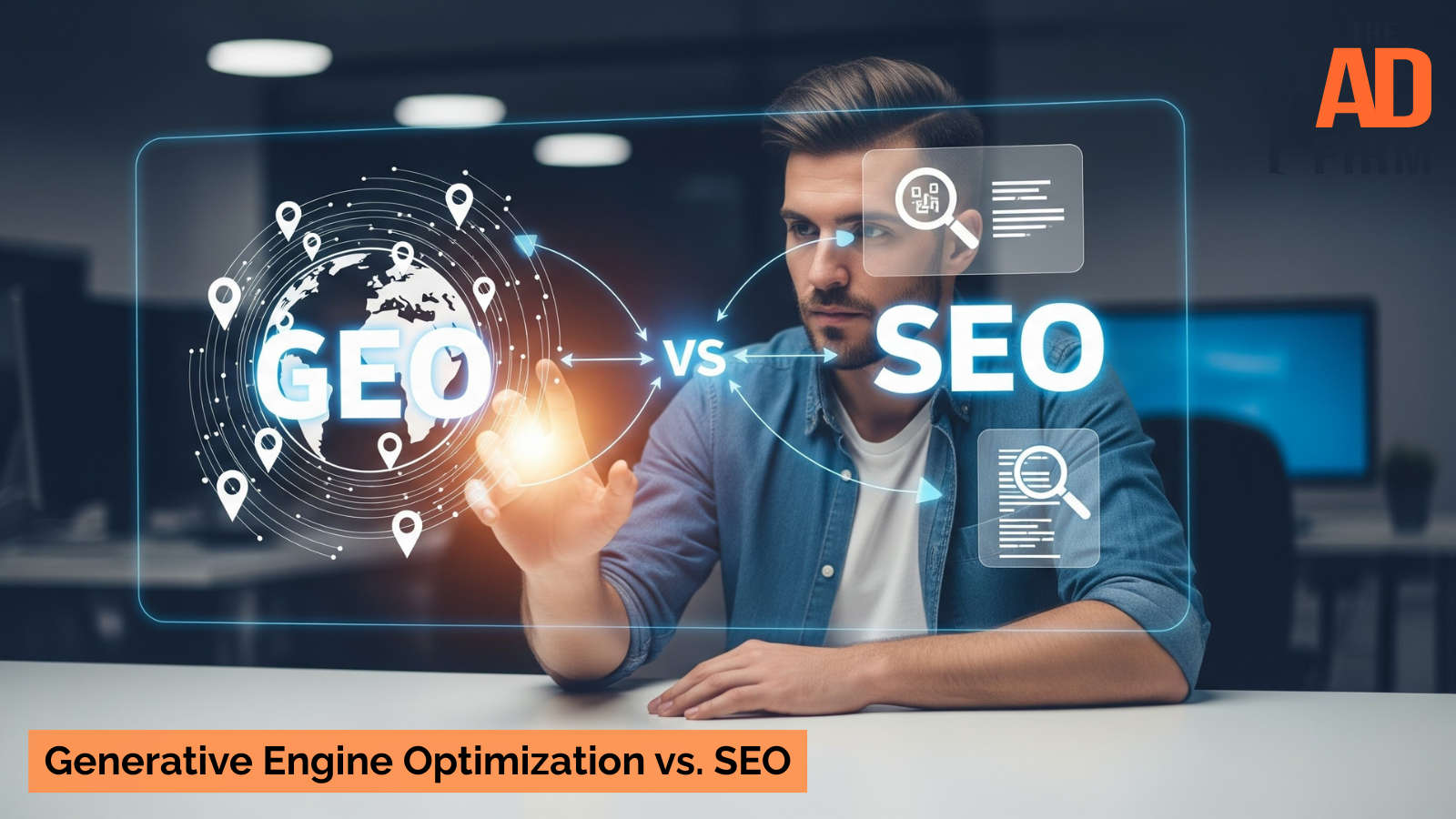 Digital marketer interacting with a virtual interface comparing GEO and SEO concepts, symbolizing the evolution from traditional search optimization to generative engine optimization.