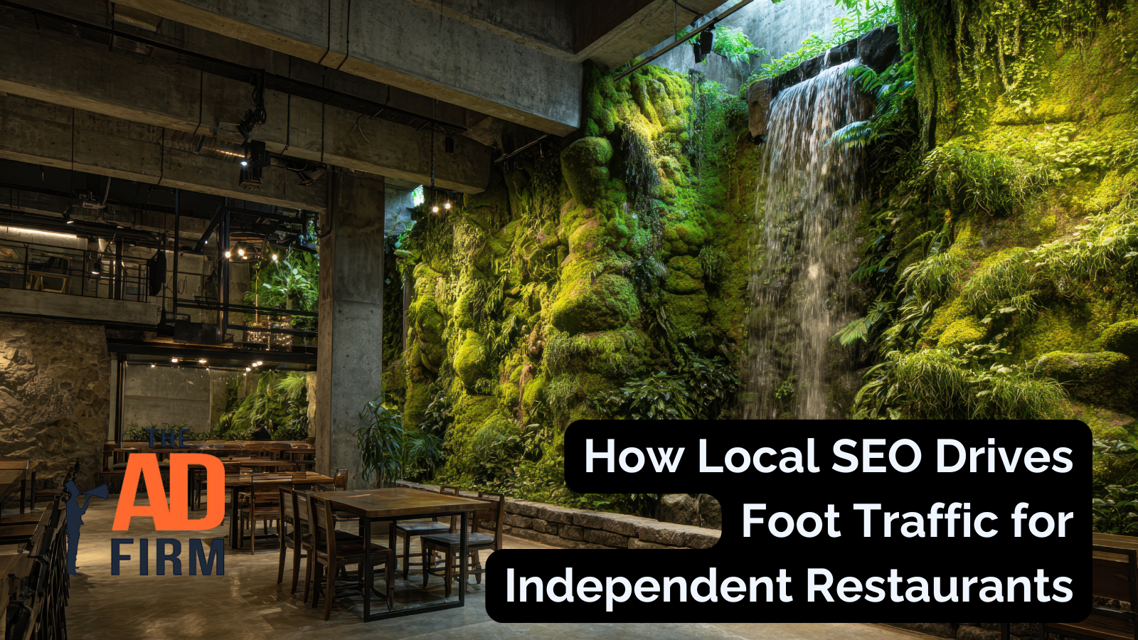 A modern restaurant with a green moss wall and wooden tables