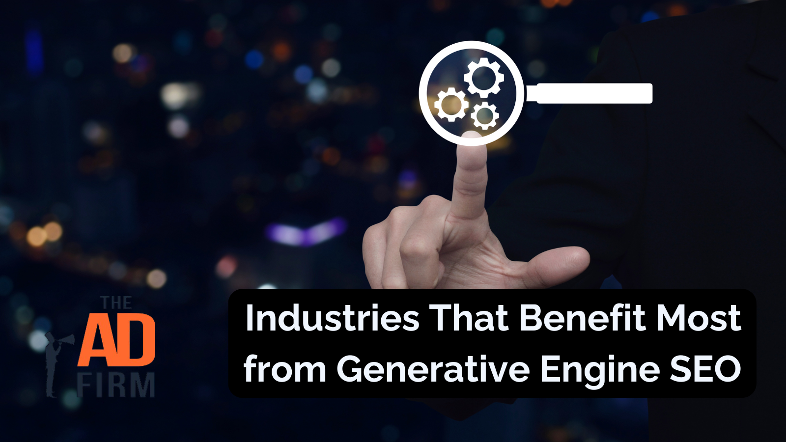 A person pointing at a magnifying glass with gears inside