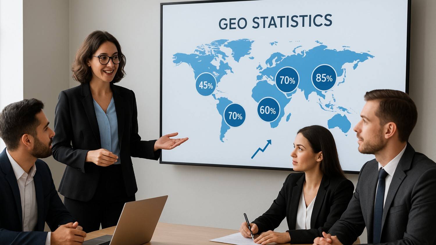 Group of professionals discussing GEO statistics