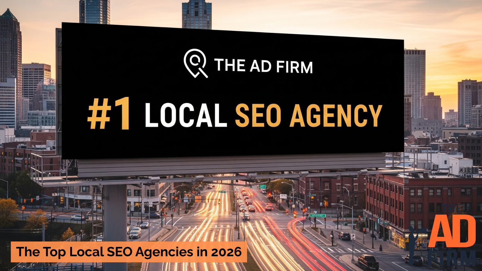 Billboard in a cityscape displaying “#1 Local SEO Agency” with The Ad Firm logo, representing top-performing SEO companies in 2026.
