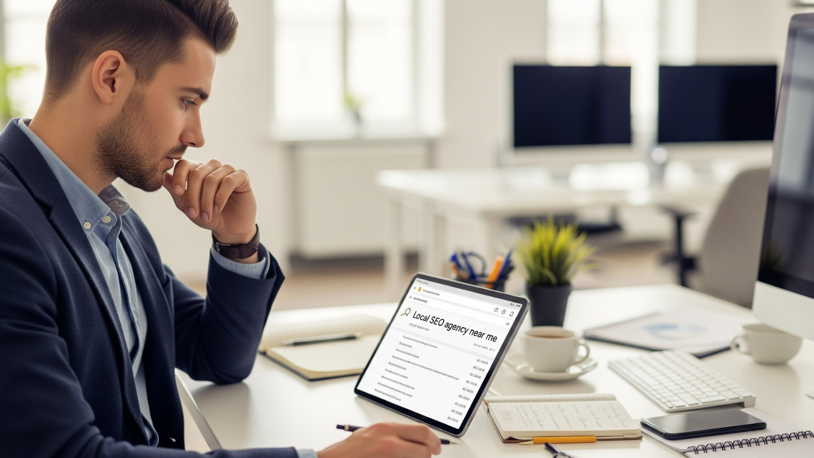 Business professional researching local SEO agencies on a tablet in a modern office, analyzing options to choose the right SEO partner.