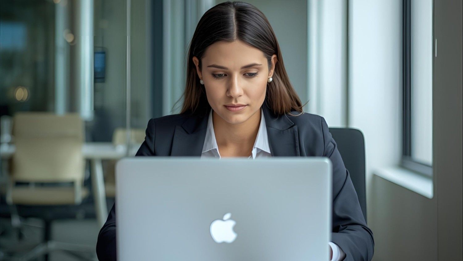 A professional working intently on her laptop in a modern office setting
