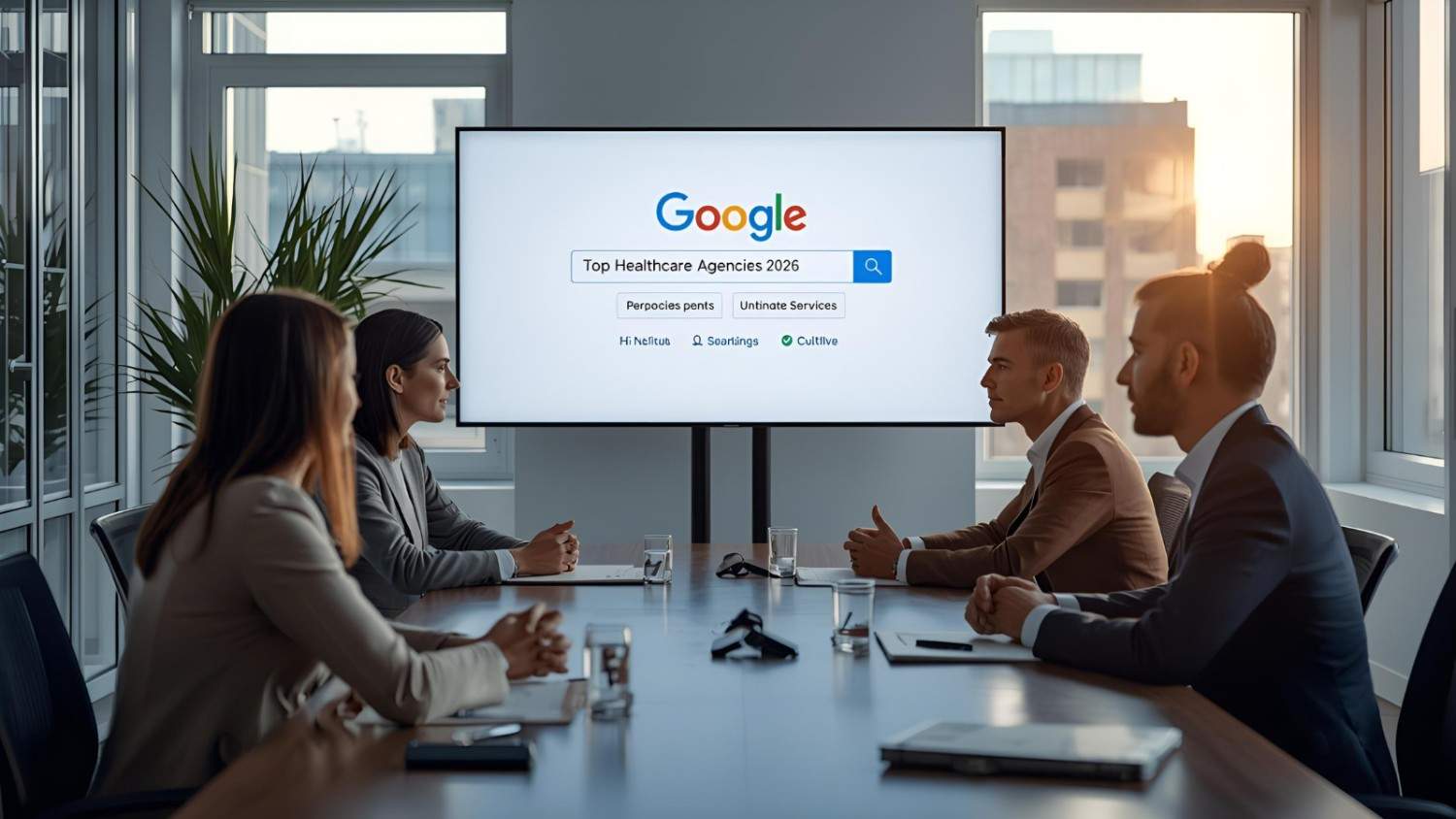 A team of professionals evaluating healthcare SEO agencies in a meeting room.