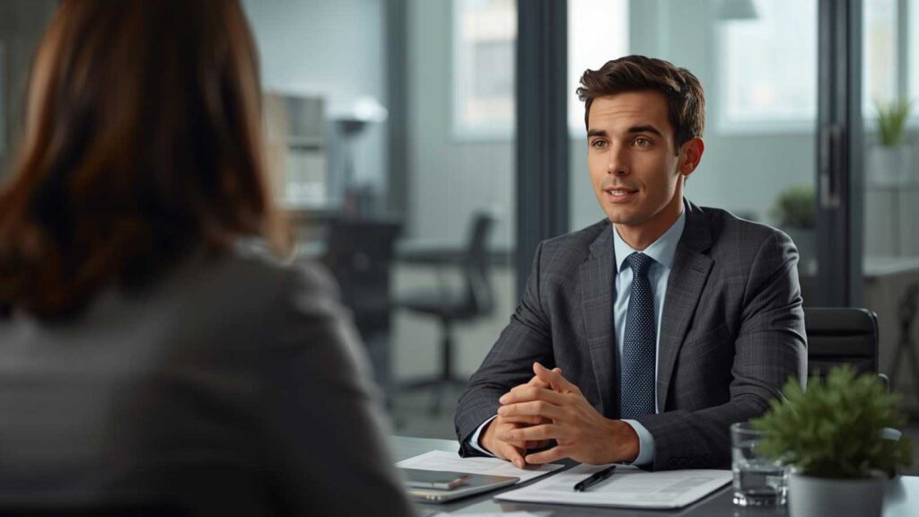 Healthcare practitioner evaluating a marketing agency representative.