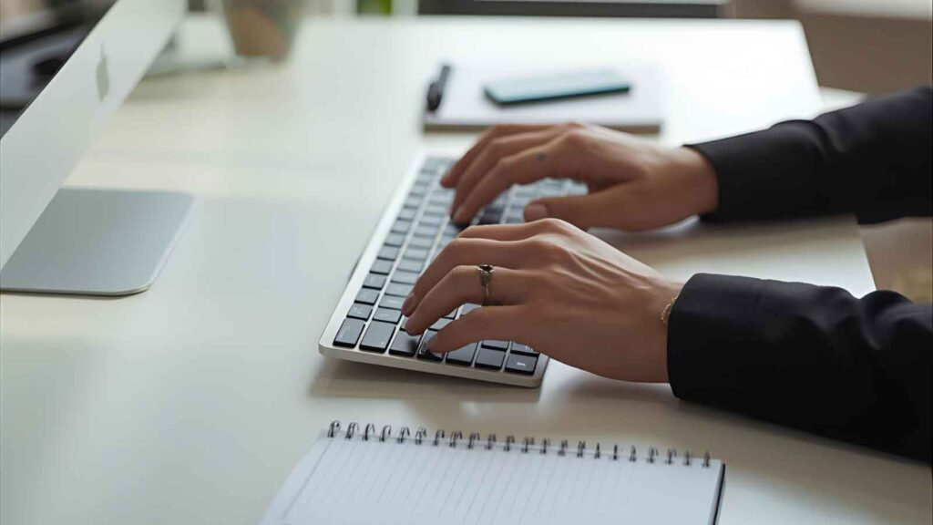 Professional hands typing on a keyboard for an in-progress content piece