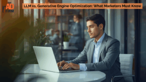 Professional analyzing AI-generated search results and content strategy.