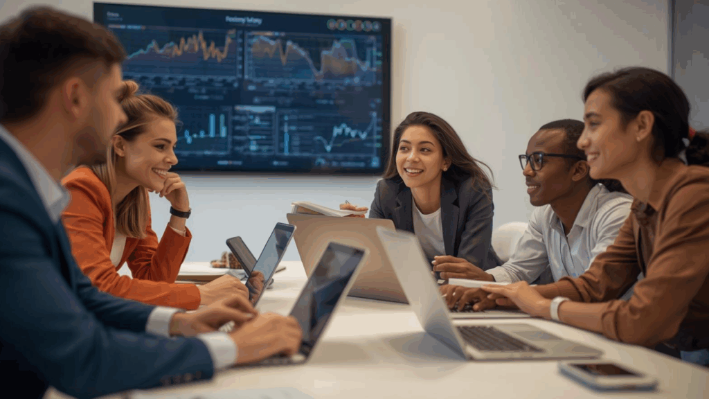 Team discussing performance metrics related to AI-generated search results.