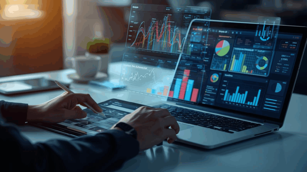 Person reviewing analytics dashboards and performance charts on a laptop.