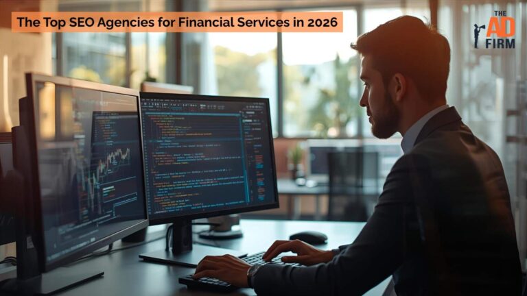 Business professional studying code and analytics dashboards for a financial services SEO campaign.