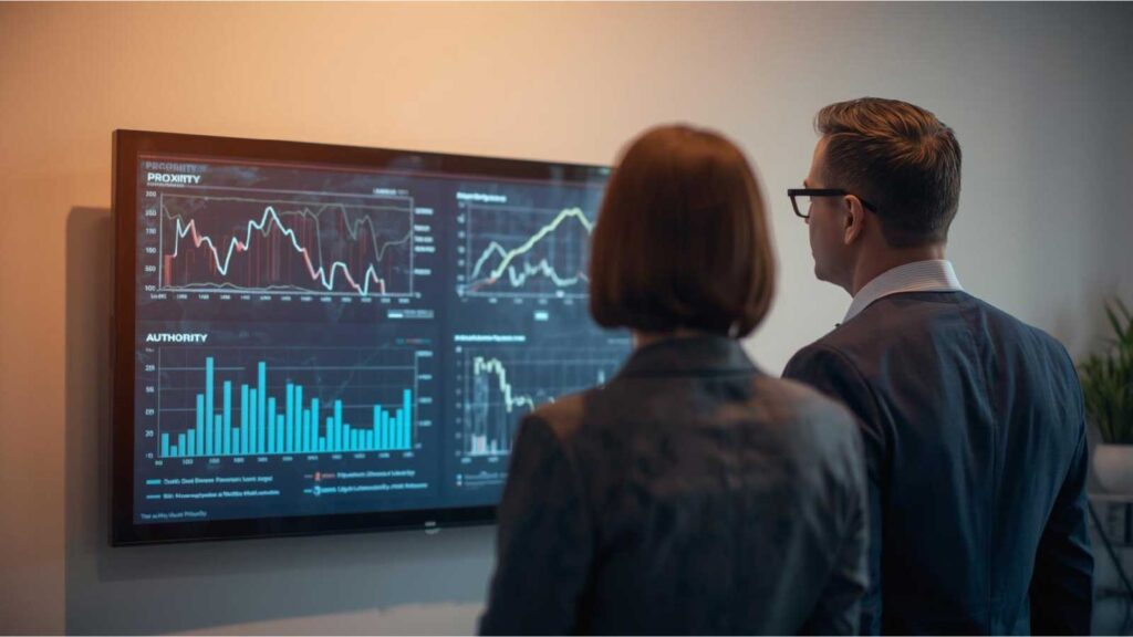 People analyzing charts related to proximity and authority in local search rankings.