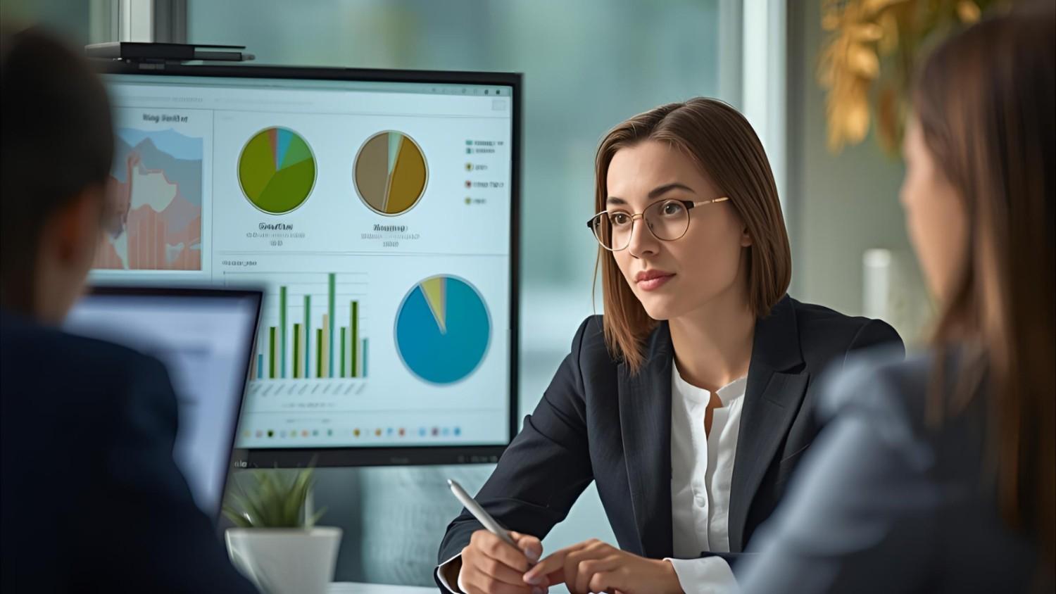 A team reviewing search data and analytics in a modern office