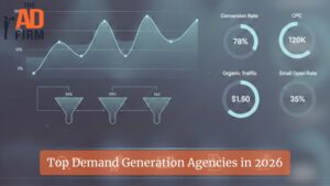 Digital marketing dashboard graphic with charts and funnels titled Top Demand Generation Agencies in 2026.