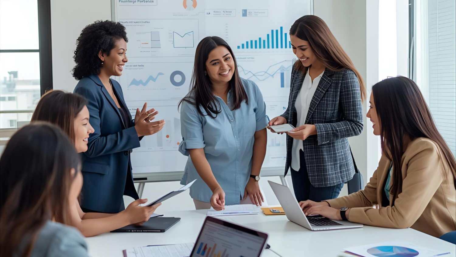 Business professionals collaborating on content and marketing strategies.