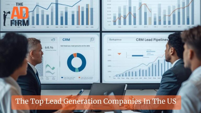 Diverse business professionals analyzing lead generation and SEO performance dashboards on large screens in a modern office, focused on data-driven decision-making and scalable growth.