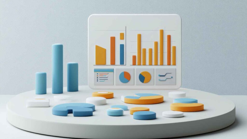 3D dashboard with charts and pie graphs.