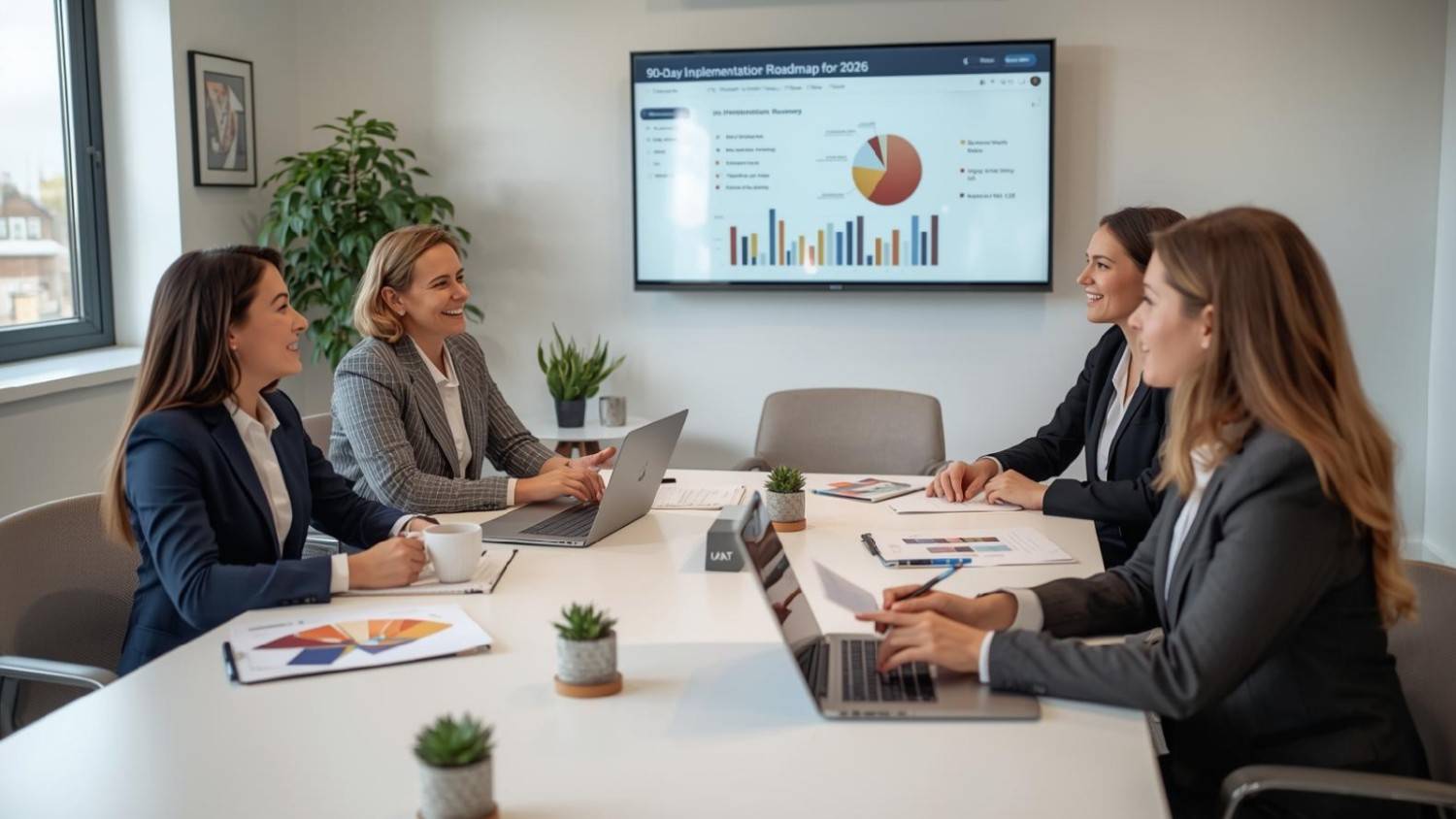 Marketing team meeting to review a 90-day SEO implementation roadmap.