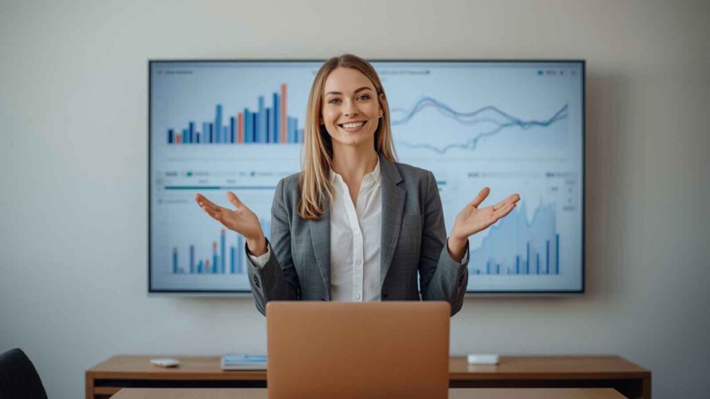 Marketing professional presenting analytics dashboards, representing data-driven answer engine optimization strategy.